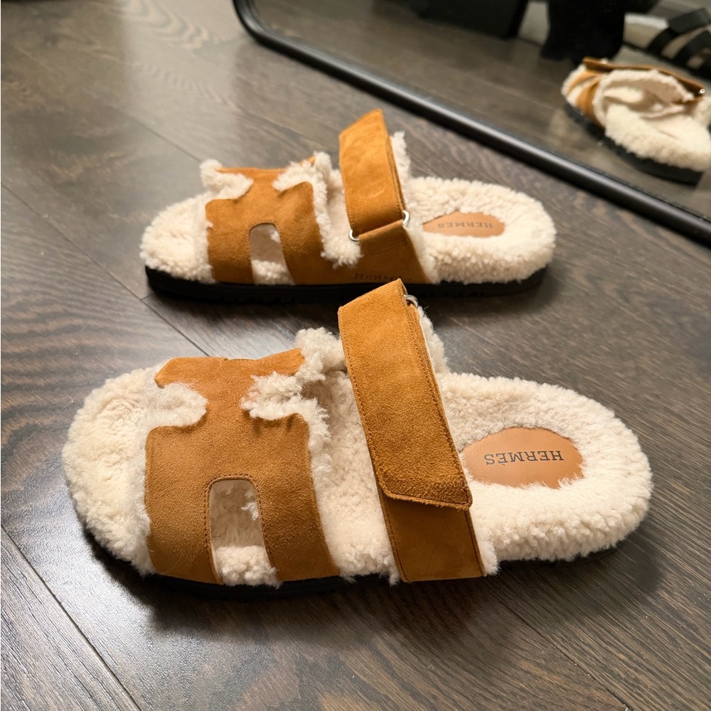 Hermes Suede Goatskin Woolskin Chypre Sandals 100% Authentic Naturel/écru - Picture 9 of 10